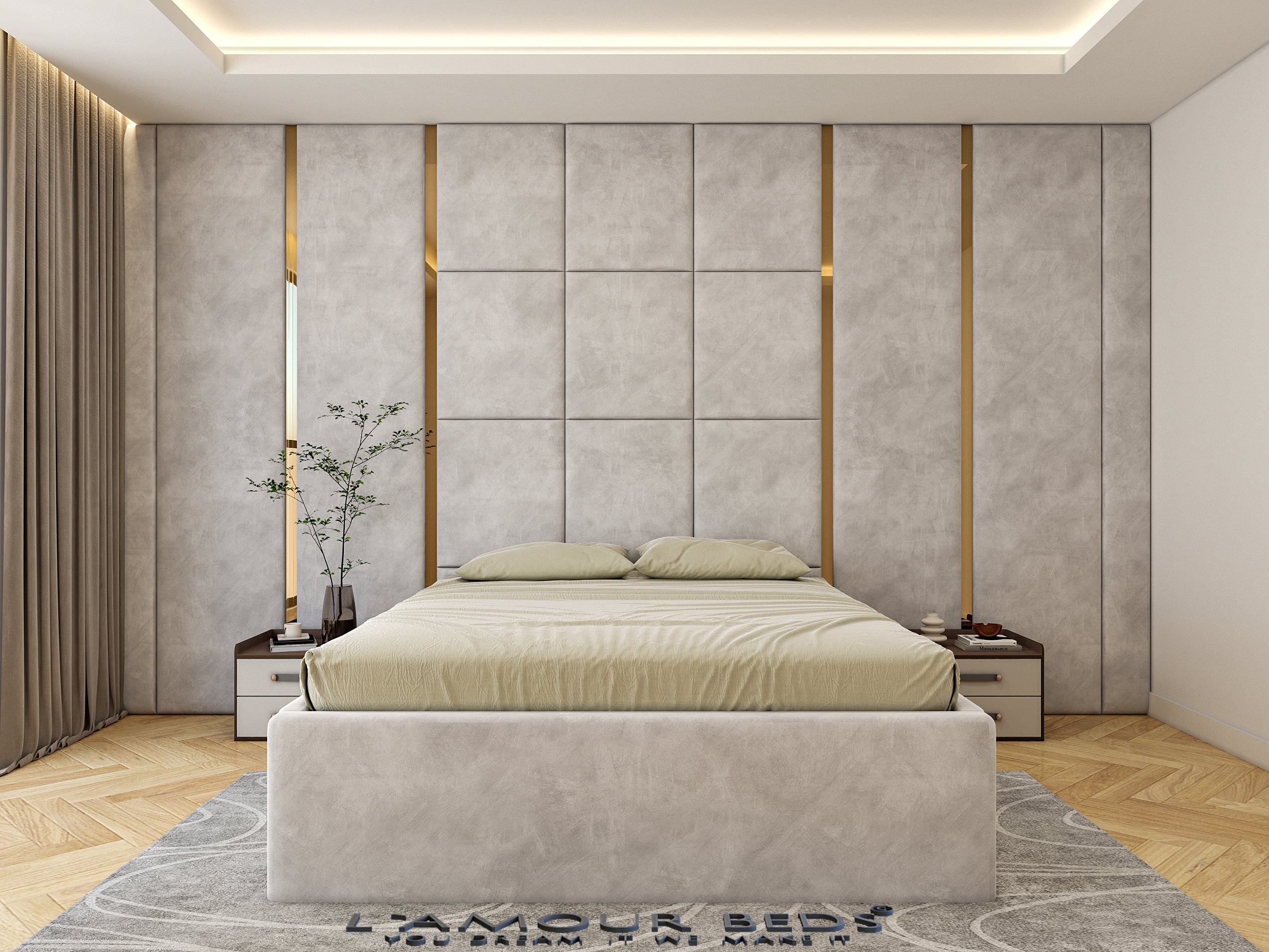 Calton Luxury Wall Panel Bed Frame With Silver/Gold Trim