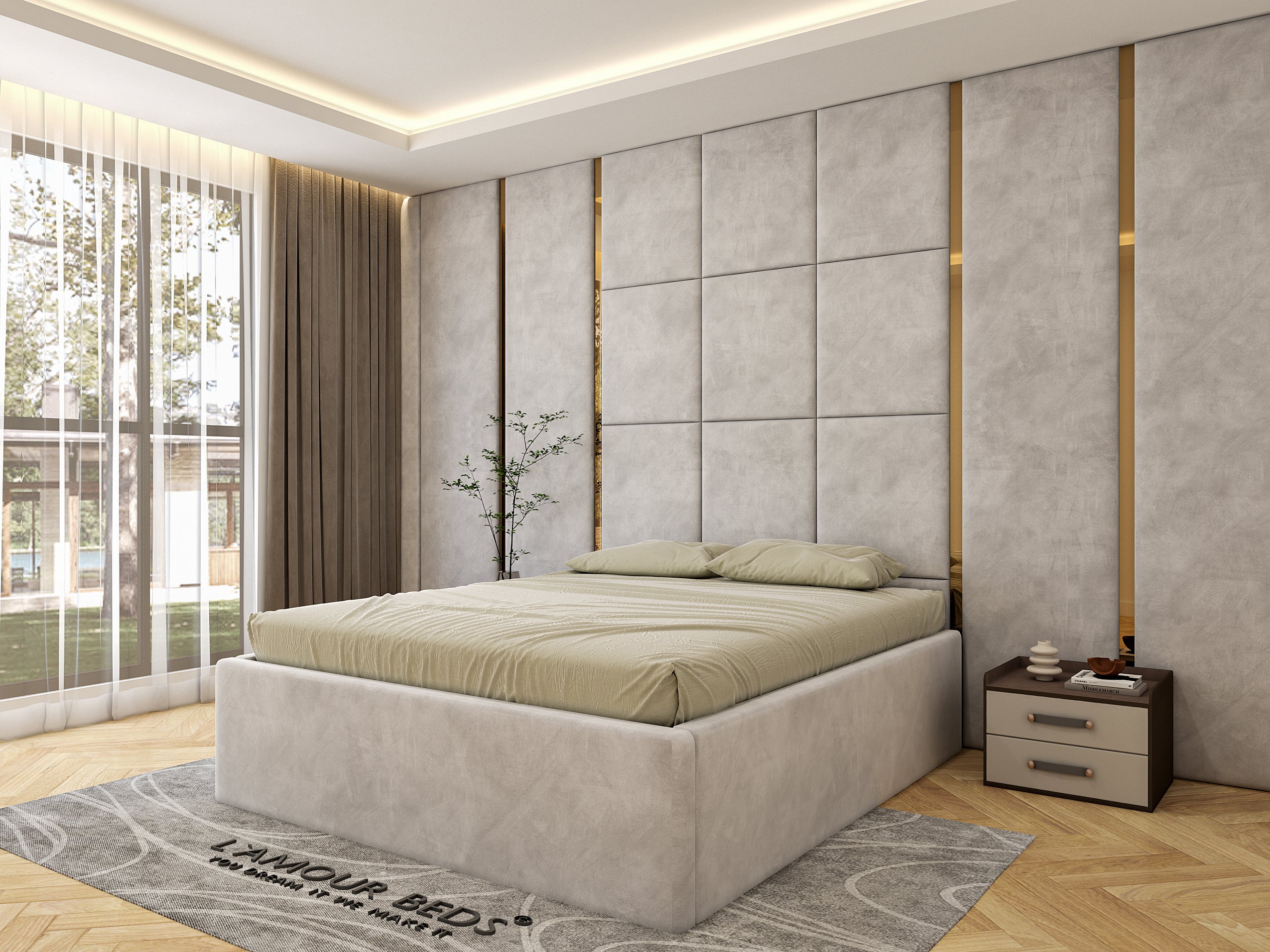 Calton Luxury Wall Panel Bed Frame With Silver/Gold Trim