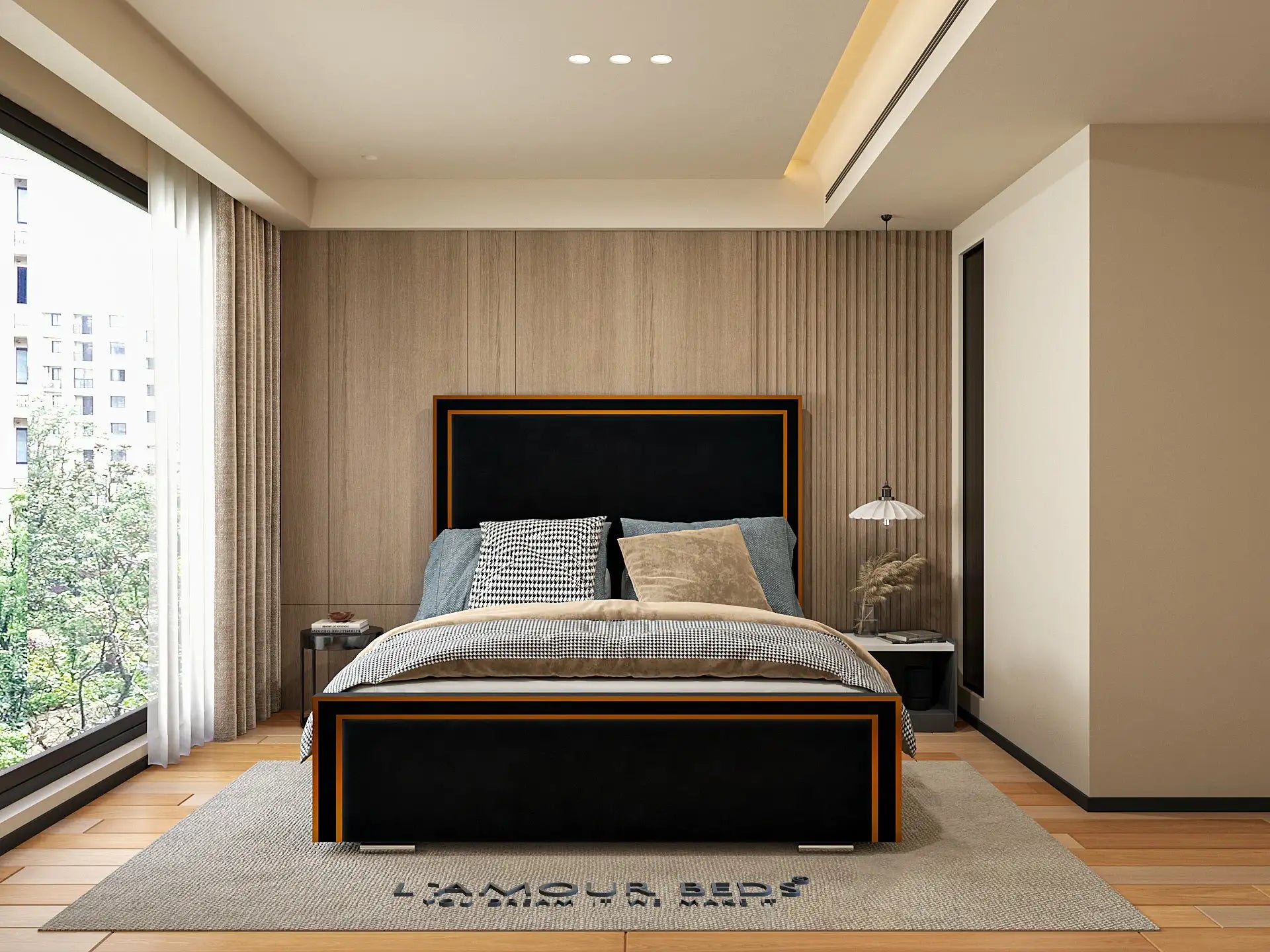 Front view of black bed frame with gold trim detailing, sleek upholstered design and elegant contemporary bedroom décor.