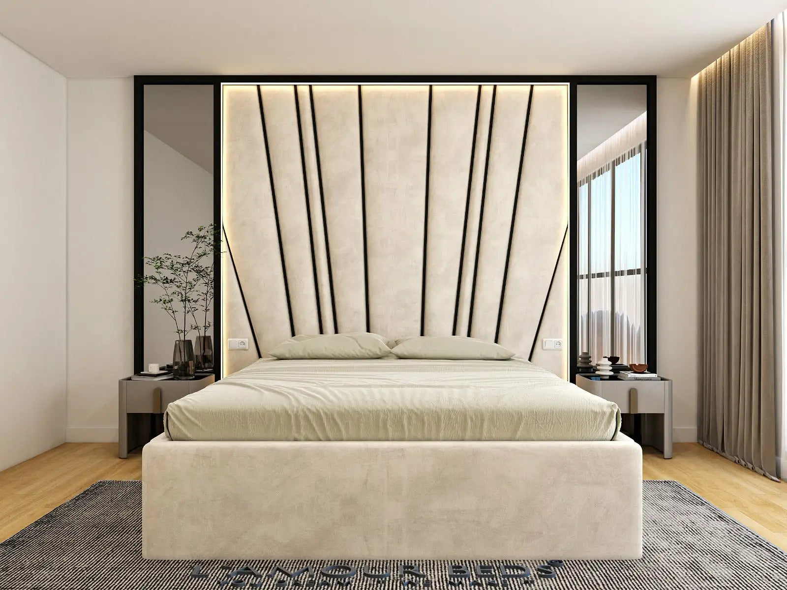 Cream upholstered wall panel bed with fan line design, LED border headboard, soft fabric base and modern luxury bedroom style