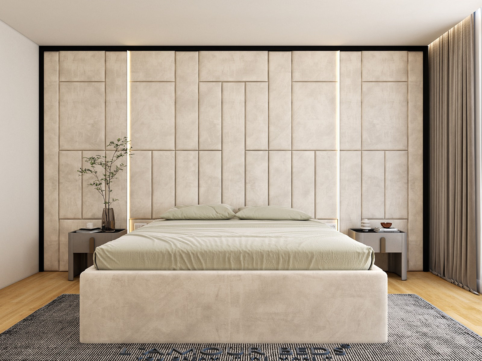 Front view of cream geometric wall panel bed with LED accents, tall upholstered panels and luxury minimalist décor.
