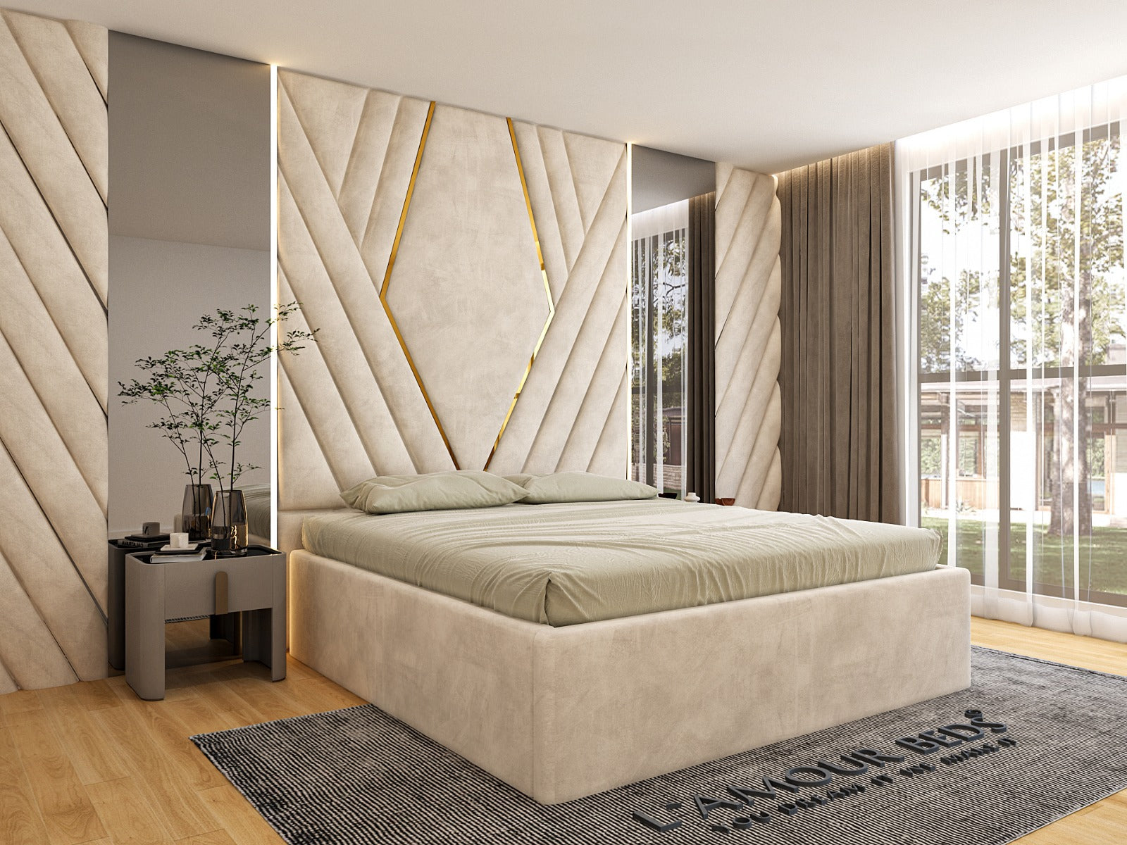 Cream V-pattern wall panel bed with gold trim, upholstered base, bedside table and large window in modern bedroom.