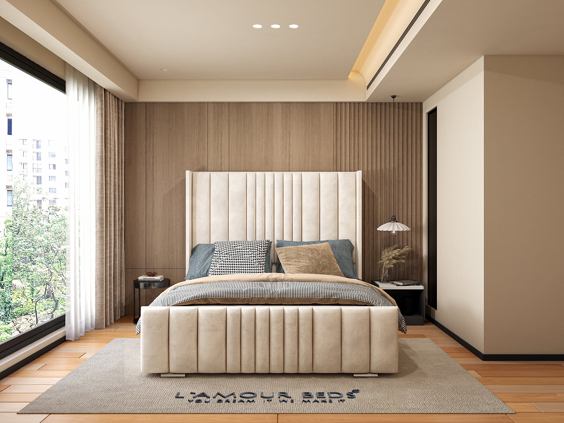 Cream three panel headboard bed frame with tall upholstered design, padded footboard and modern bedroom interior.