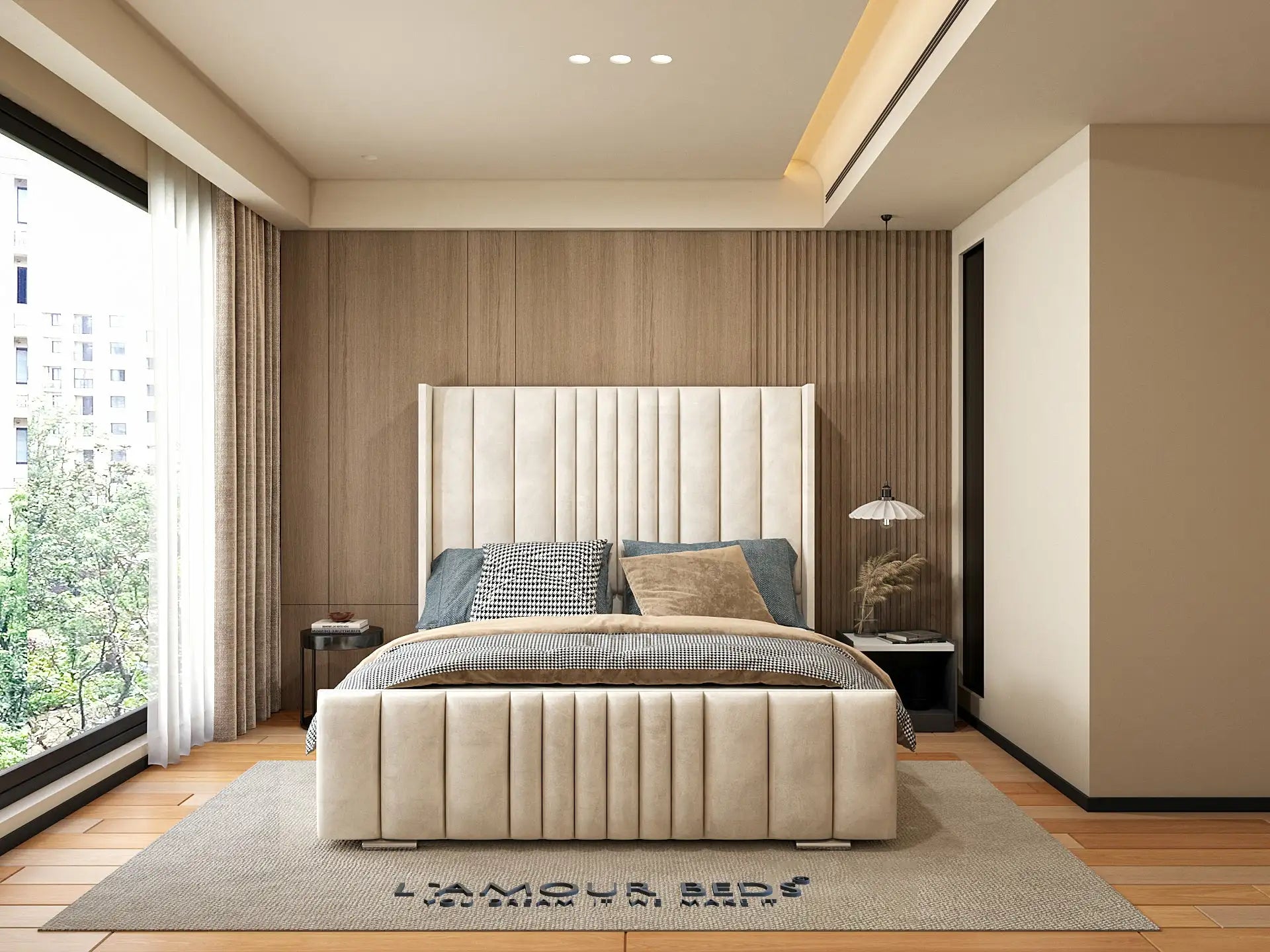 Cream three panel headboard bed frame with tall upholstered design, padded footboard and modern bedroom interior.