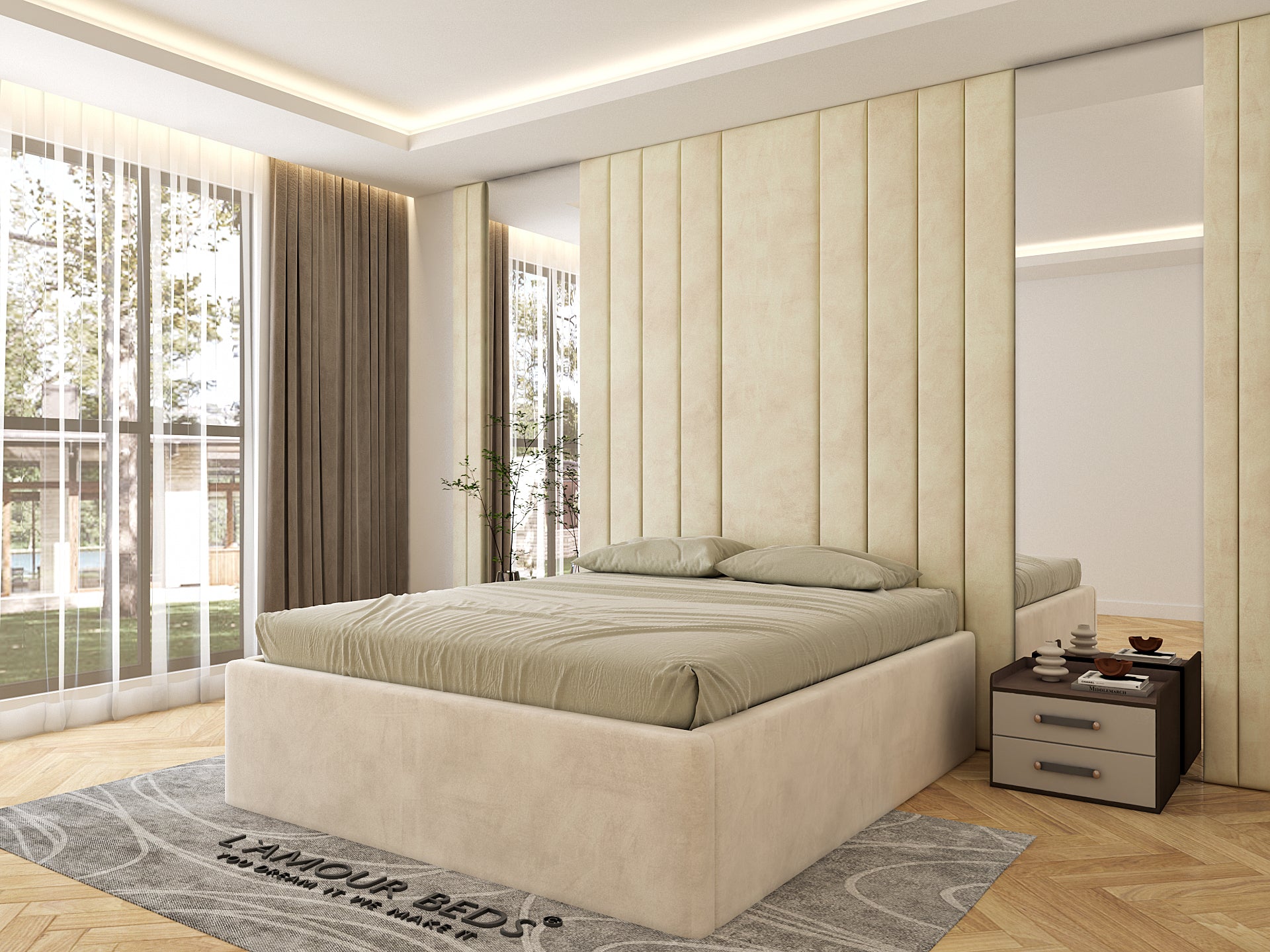 Cream Plush Upholstered Bed Frame – Wall Panel Beds