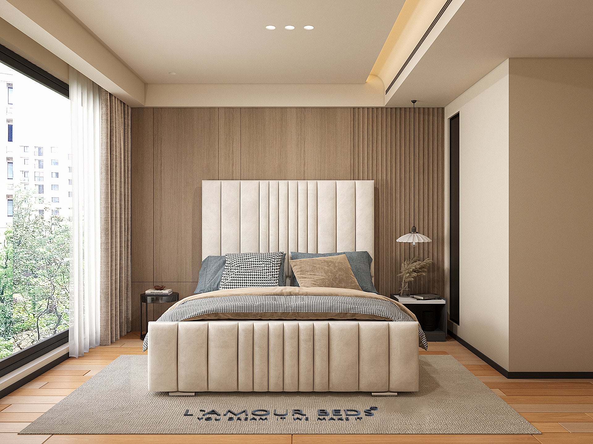 Front view of cream tall channel panel bed frame with padded vertical panels and elegant contemporary décor.