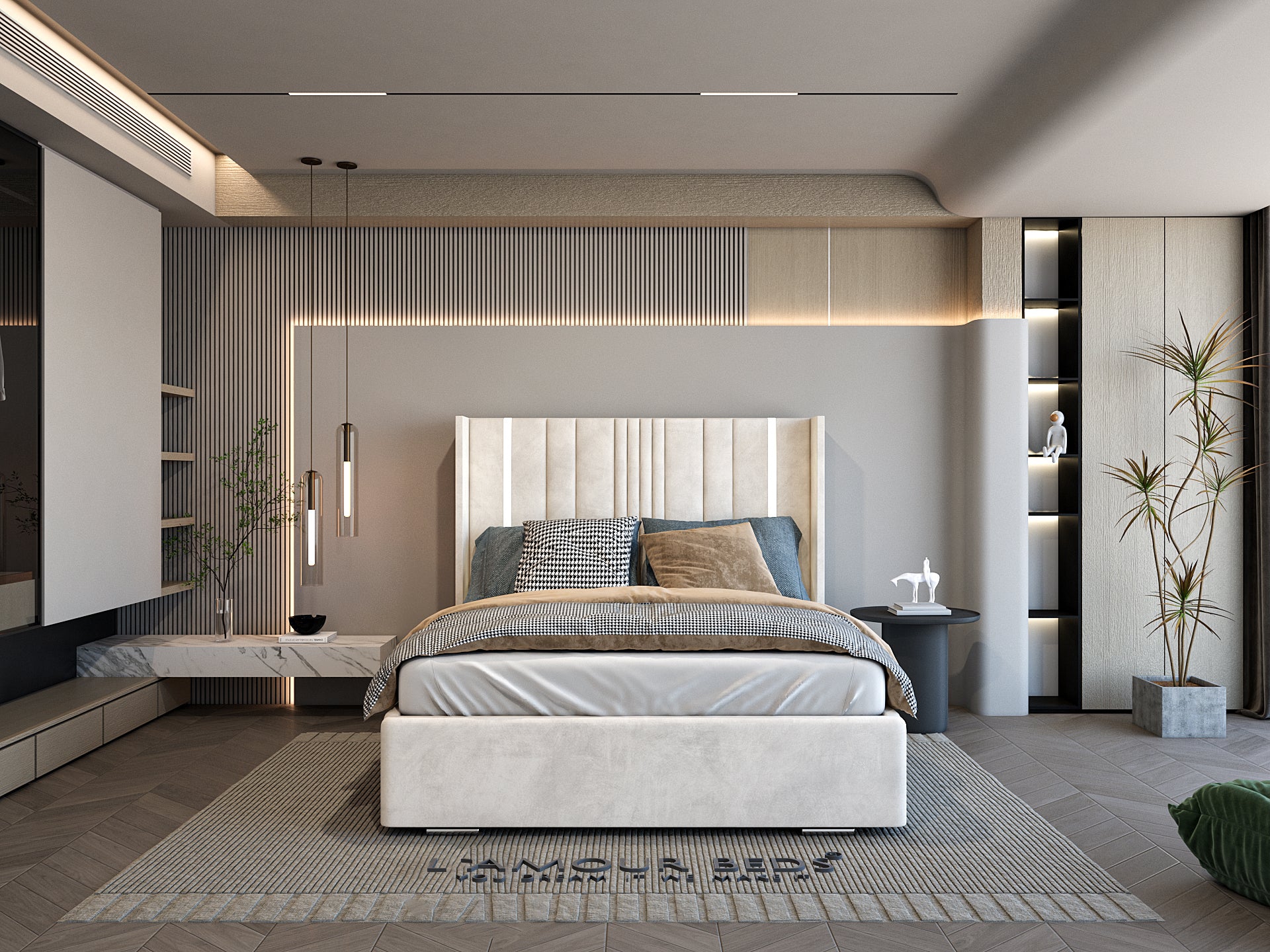 Cream Upholstered LED Panel Headboard Led Bed