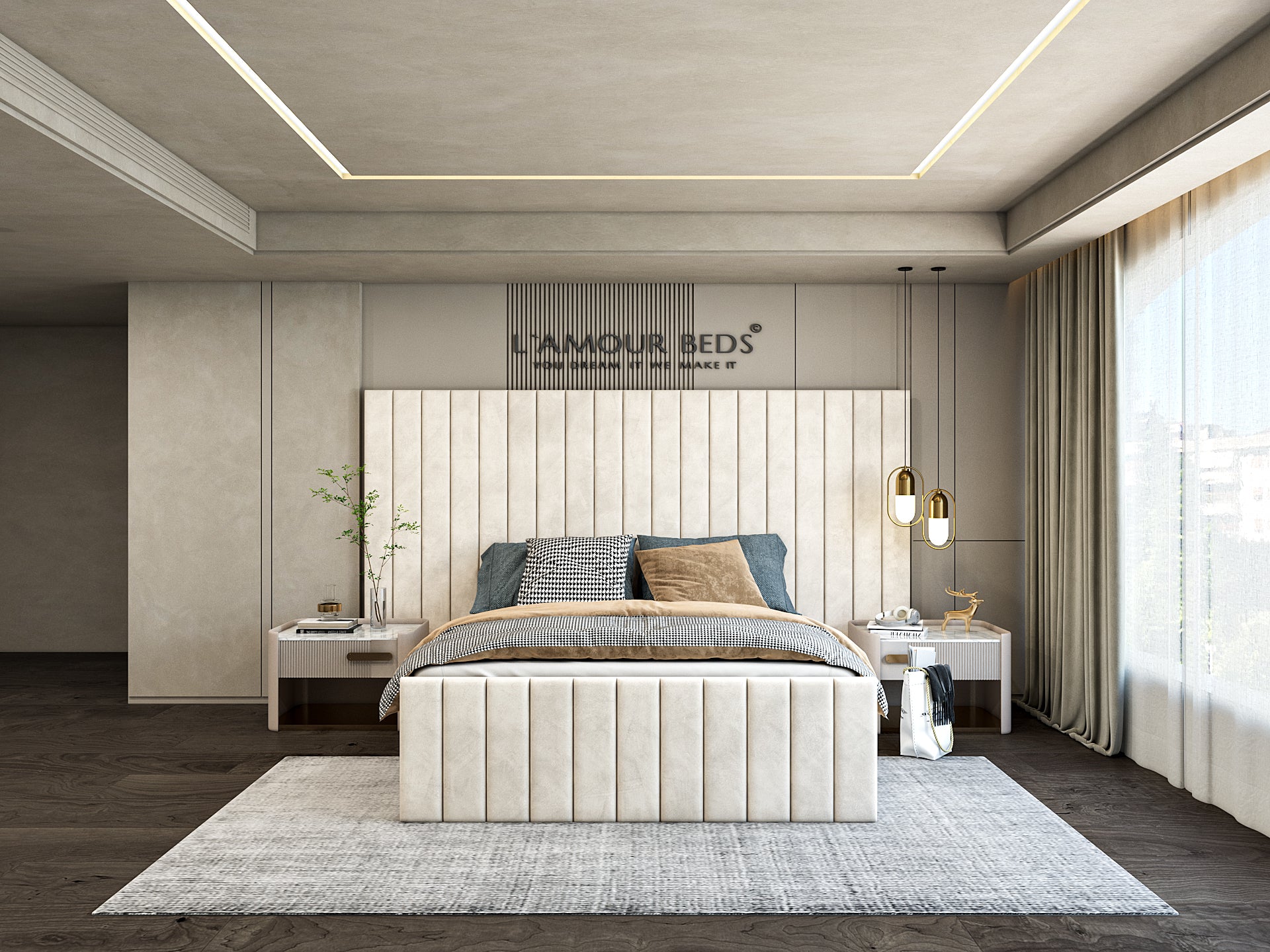 Sophisticated minimalist bedroom with a plush bed, white headboard, sleek side tables, and a large window. Neutral tones create a calm, elegant feel.