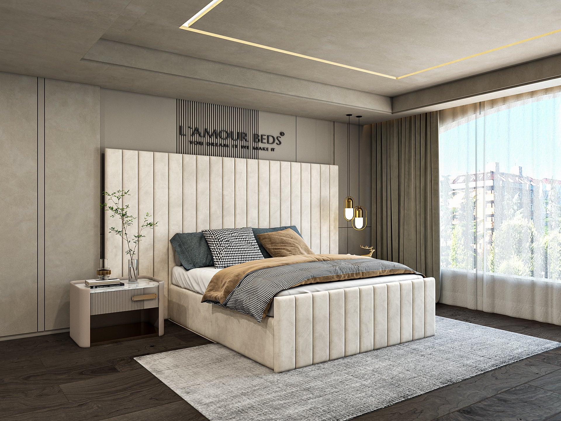 Modern bedroom with a large window, featuring a white bed with a tufted headboard, gray bedding, and a sleek white bedside table. Soft, neutral tones create a calm ambiance.