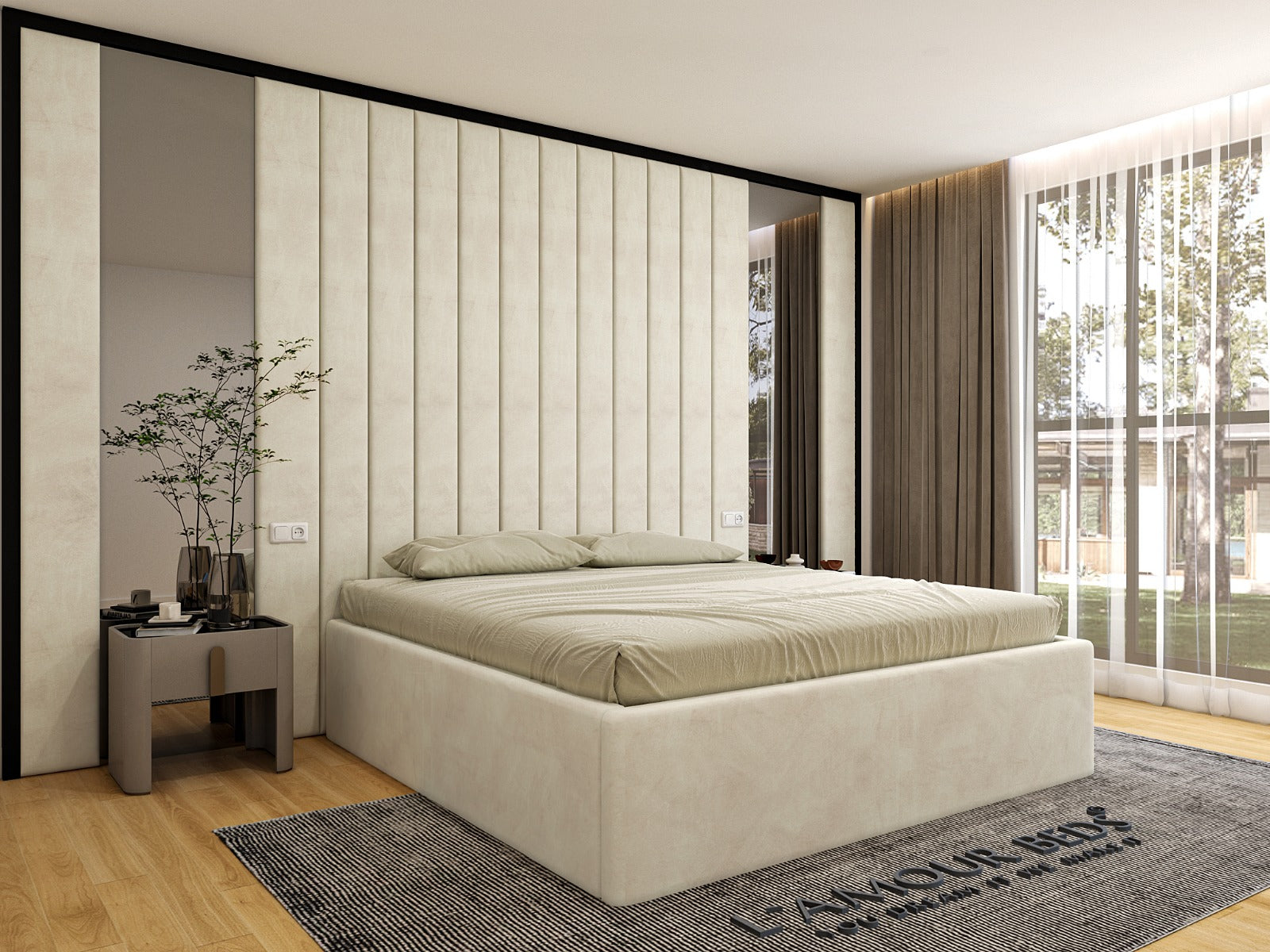 Side view of cream full panel headboard bed frame with tall upholstered panels, neutral décor and natural light.