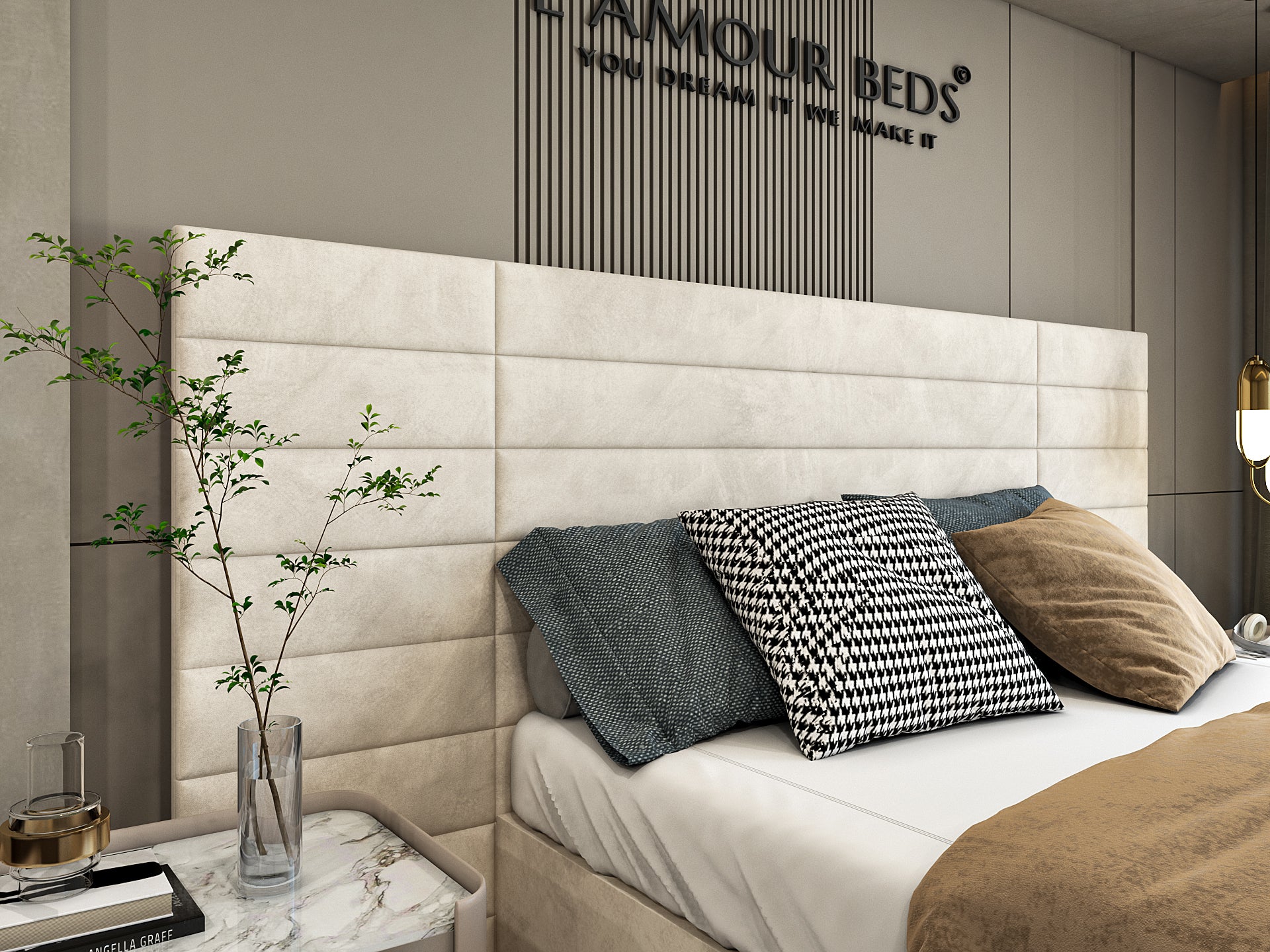 Elegant bedroom with tufted white headboard, gray and beige pillows on a neatly made bed, and a side table with a decorative vase, conveying a cozy and modern ambiance.