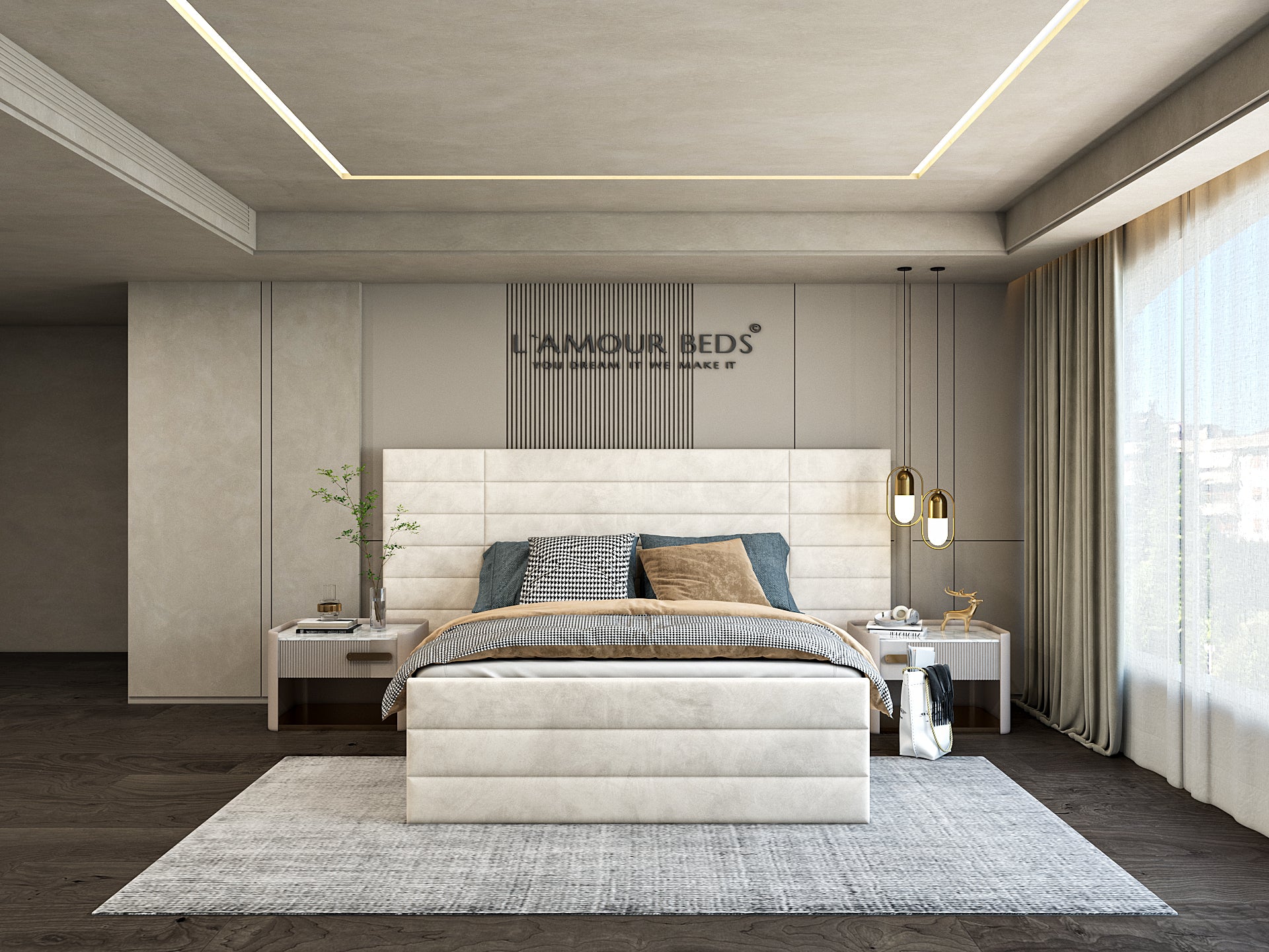 Modern bedroom with a minimalist design, featuring a white bed, gray accents, and a large window on the right, creating a bright and serene ambiance.