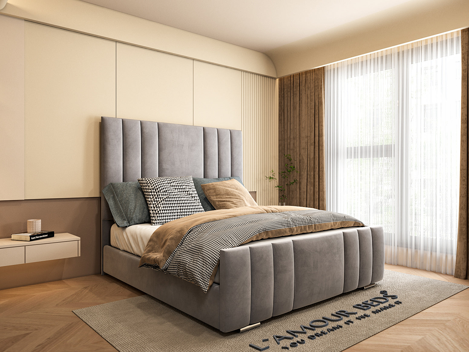 Grey vertical panel storage bed frame with upholstered headboard and footboard, modern bedroom setting and soft natural light.