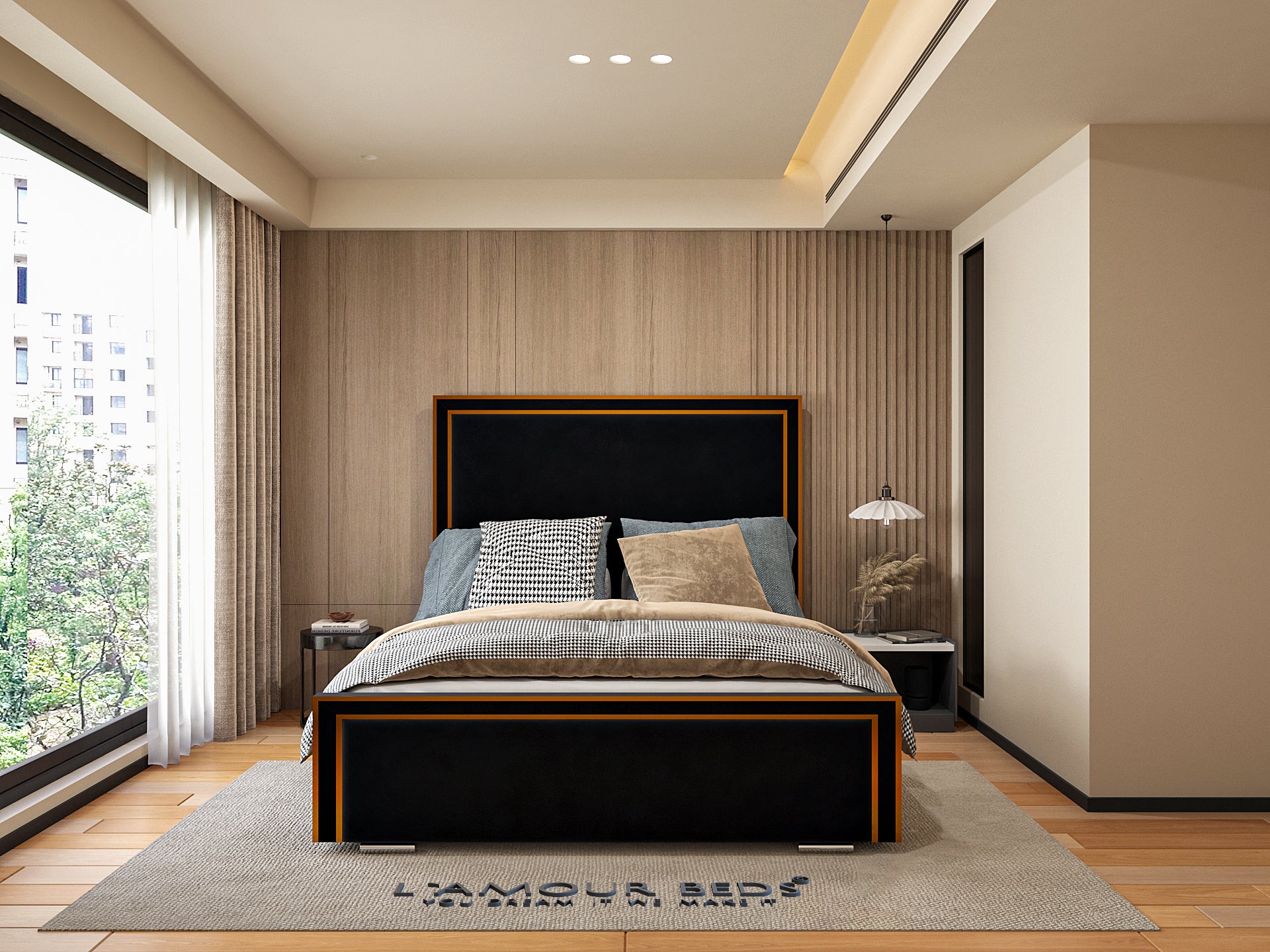 Front view of black bed frame with gold trim detailing, sleek upholstered design and elegant contemporary bedroom décor.