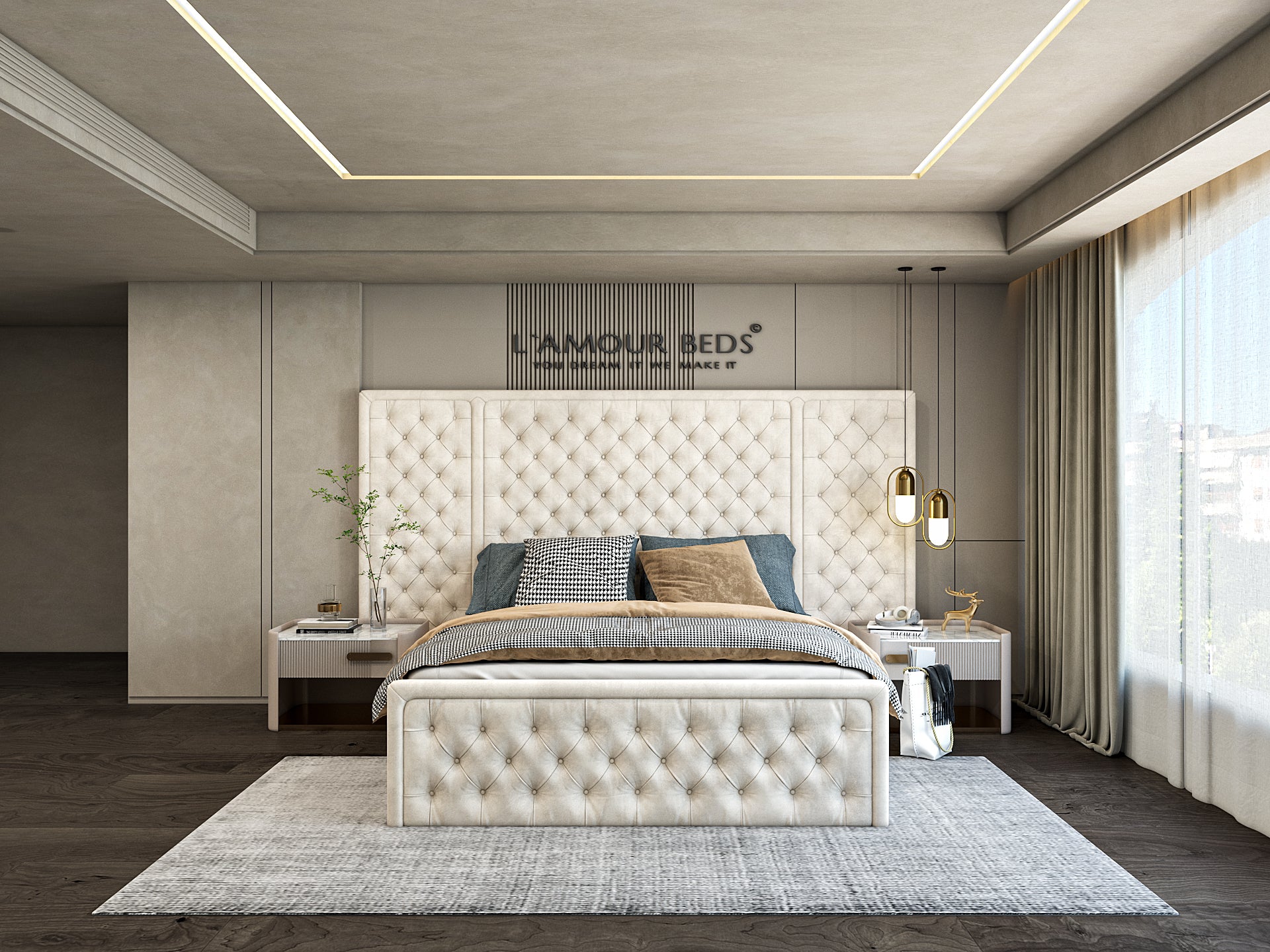 Sleek modern bedroom with neutral tones, featuring a large white bed, geometric wall design, and floor-to-ceiling window, creating a calm atmosphere.