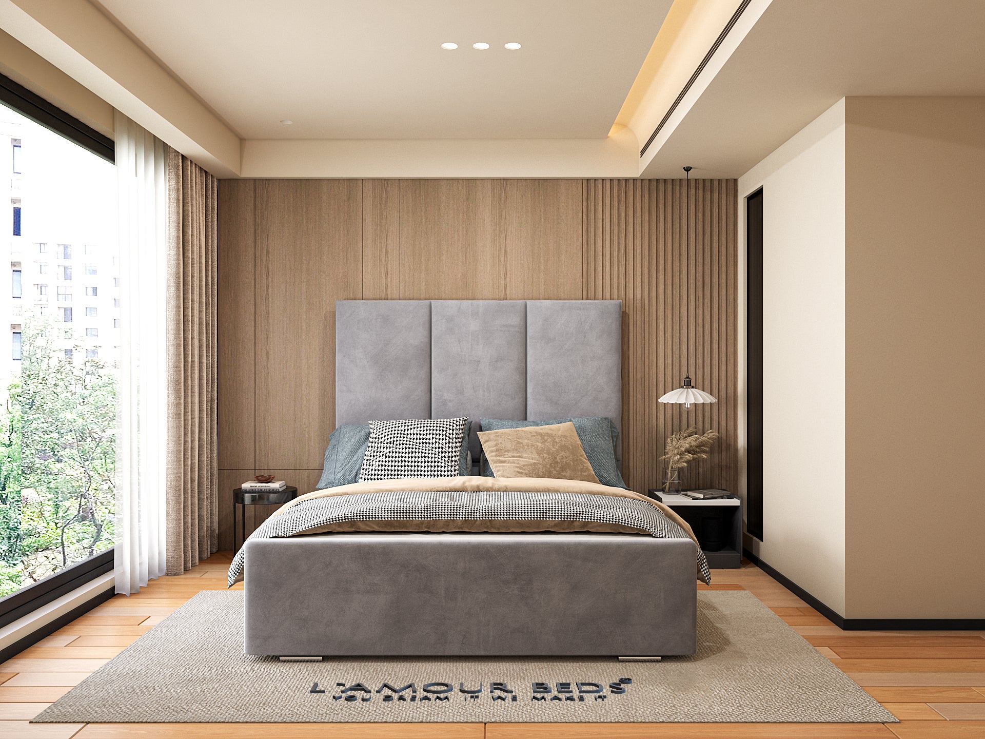 Grey upholstered panel headboard bed frame with soft fabric base, neutral bedding and modern bedroom interior.
