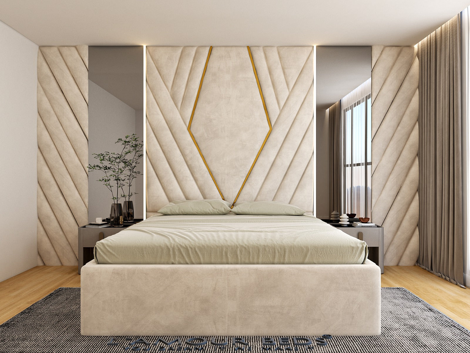 Cream-colored bed with a V-pattern wall panel headboard accented by gold trim for a luxurious touch.