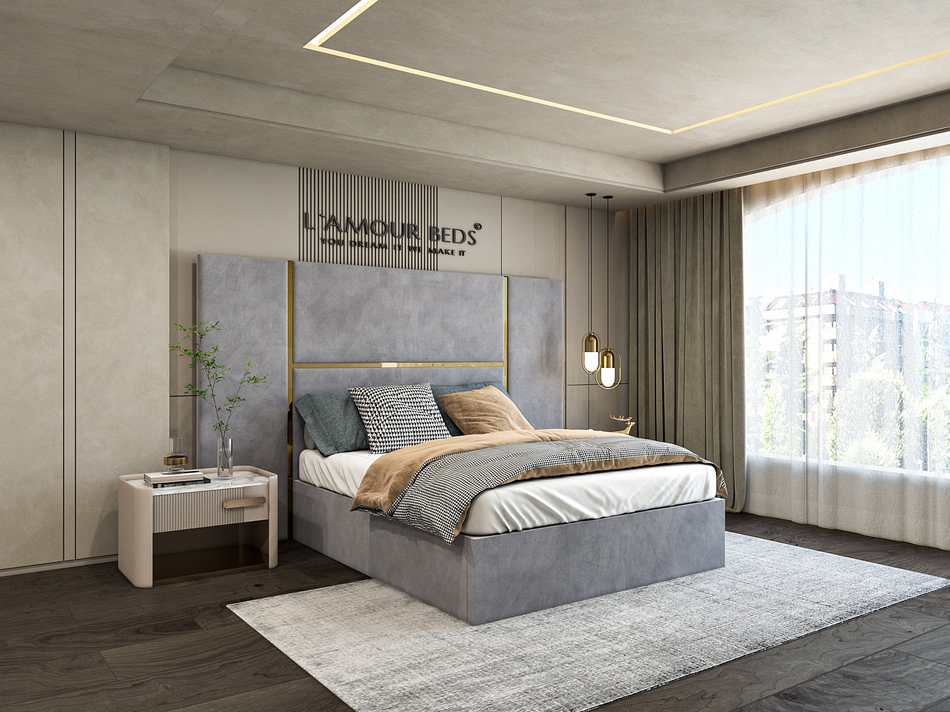 A modern bedroom with a large bed and gray upholstered headboard, neutral bedding, large window with city view, soft lighting, and a minimalist decor.