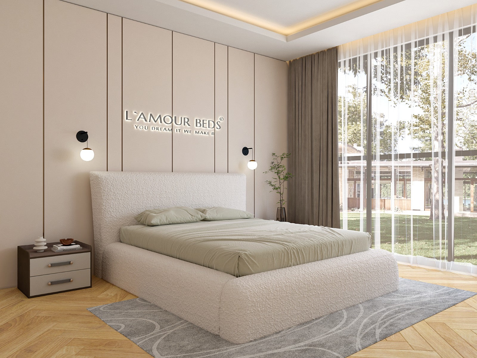 New Valencia Boucle Bed Frame With Thick Sides and Footboard - L'amour Beds