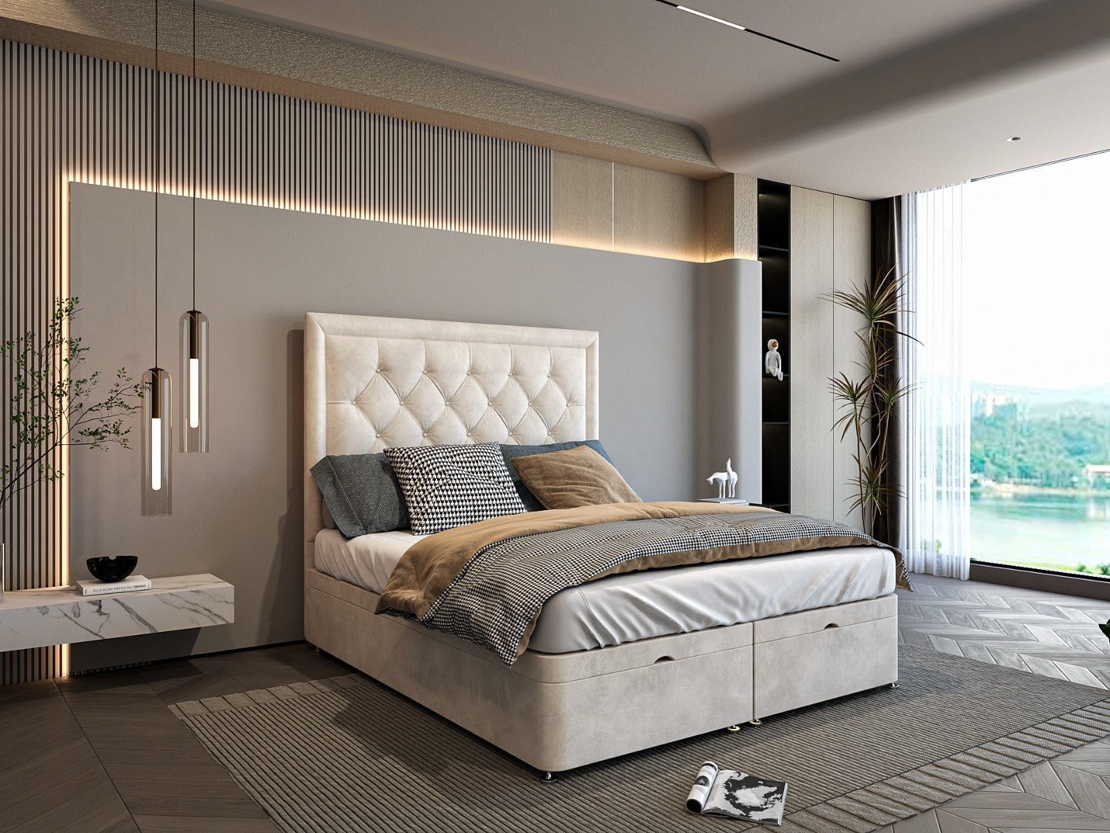 Lumora Ottoman Divan Storage Bed With Chesterfield Bumper Headboard